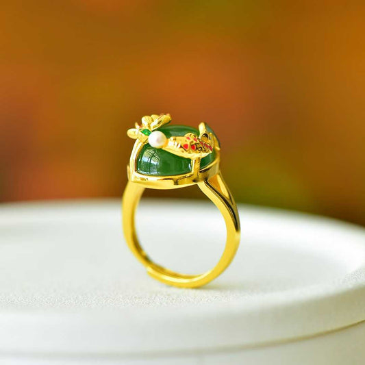 925 Silver Inlaid Hetian Spinach Green Nephrite "Abundance Every Year" Fish Ring