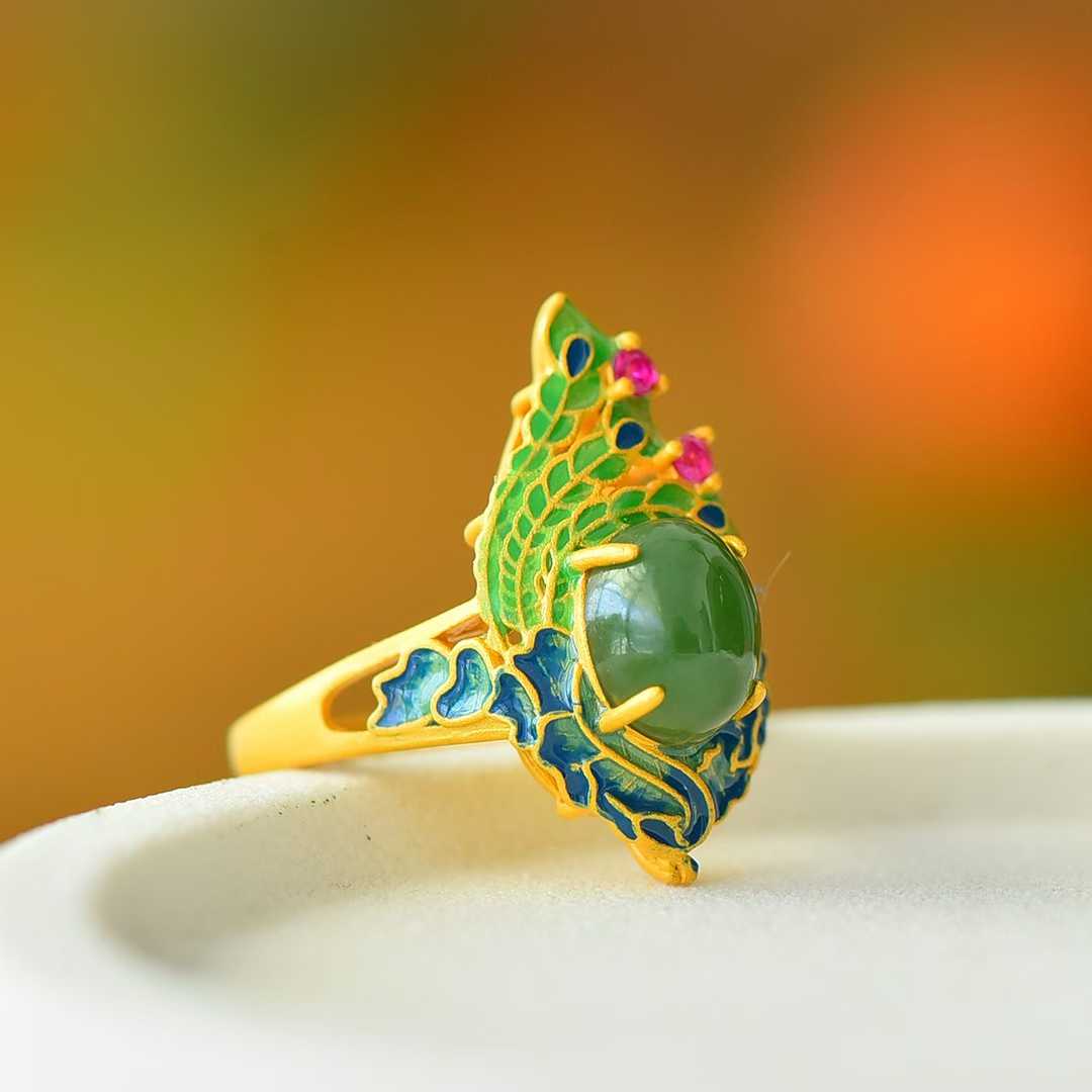 925 Silver Inlaid Hetian Spinach Green Nephrite Cabochon Peacock Enamel Ring