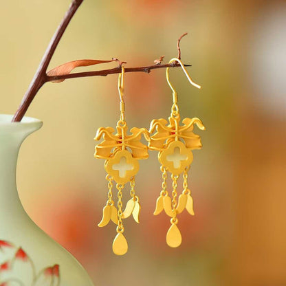 925 Silver Inlaid Green Hetian Nephrite "Maple Tree Shade" Enamel Dangle Earrings