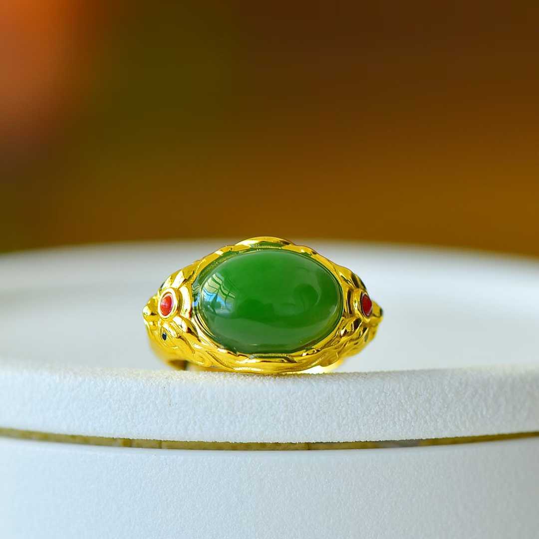 925 Silver Inlaid Enamel and Hetian Green Nephrite "Peace and Longevity" Ring