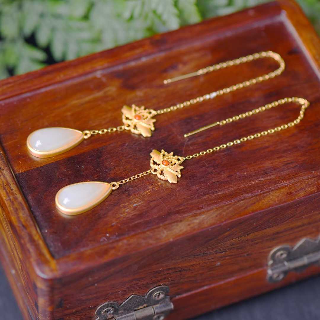 925 Silver Inlaid Nephrite Teardrop Ear Threads