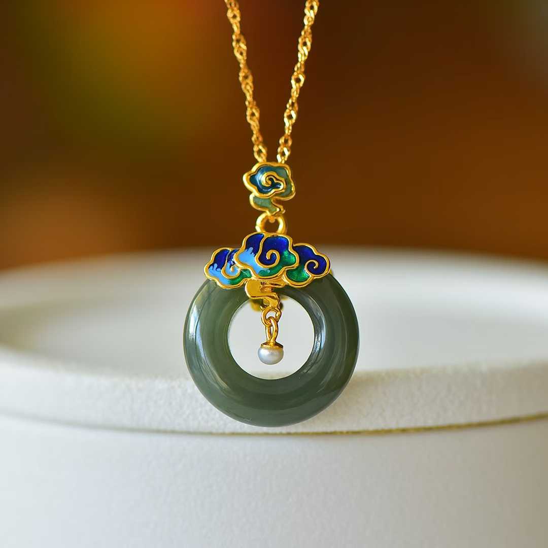 925 Silver Inlaid Hetian Nephrite "Sunny Water Variety & Auspicious Clouds Peace Ring" Pendant