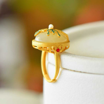925 Silver Inlaid Enamel & White Hetian Nephrite "Blessing & Longevity" Ring