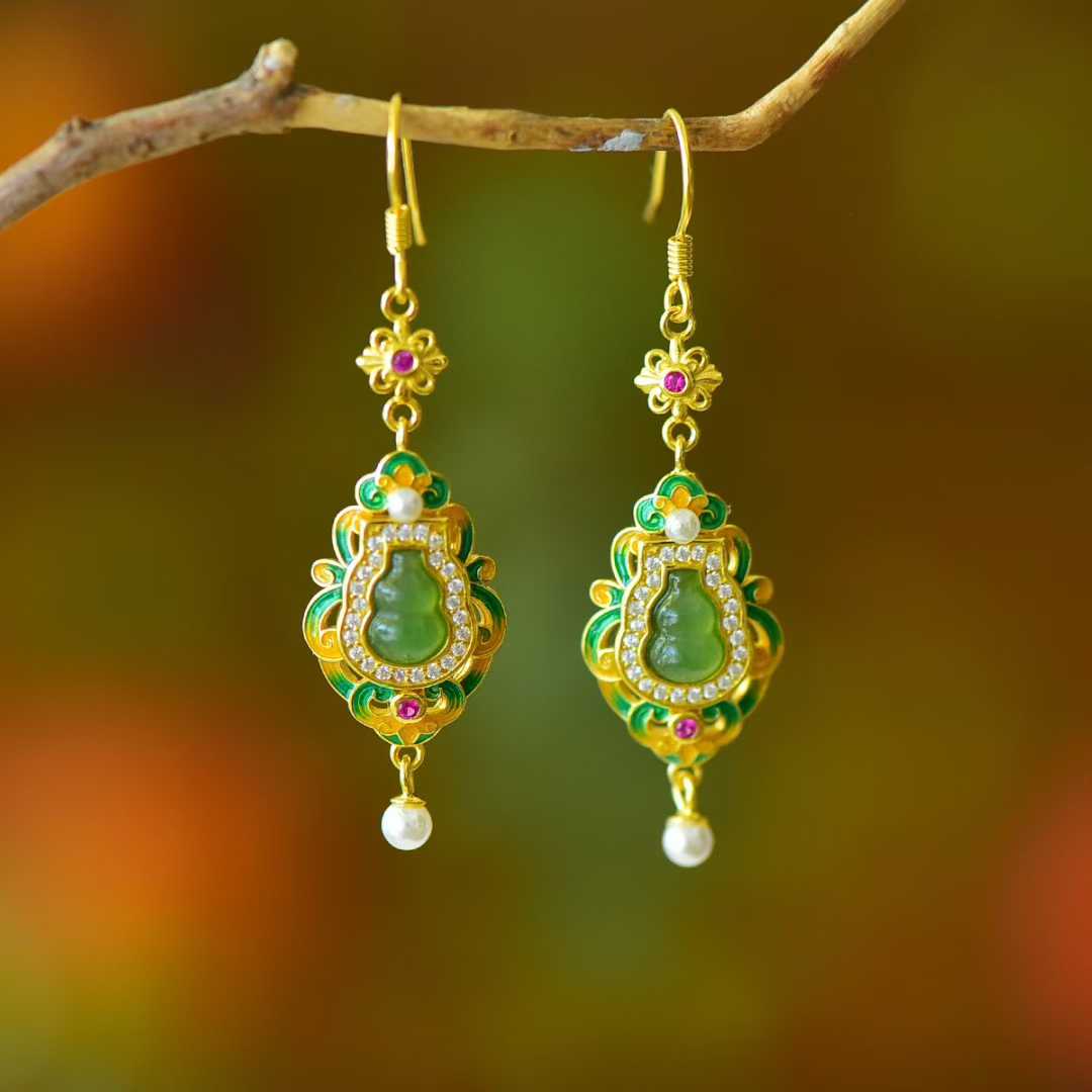 925 Silver Inlaid Hetian Jadeite (Jasper) "Gourd - Blessing & Emoluments" Earrings