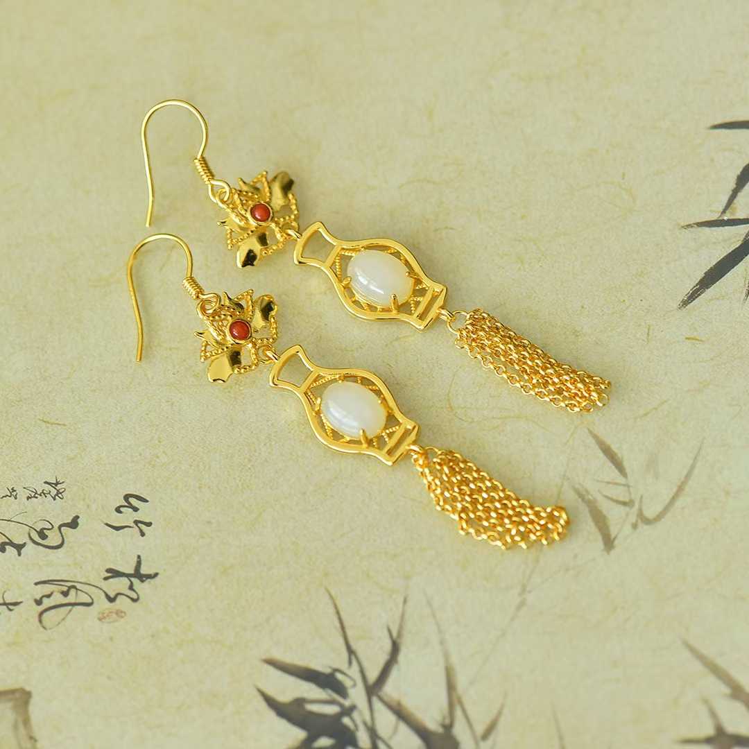 925 Silver Inlaid Nephrite Vase Earrings