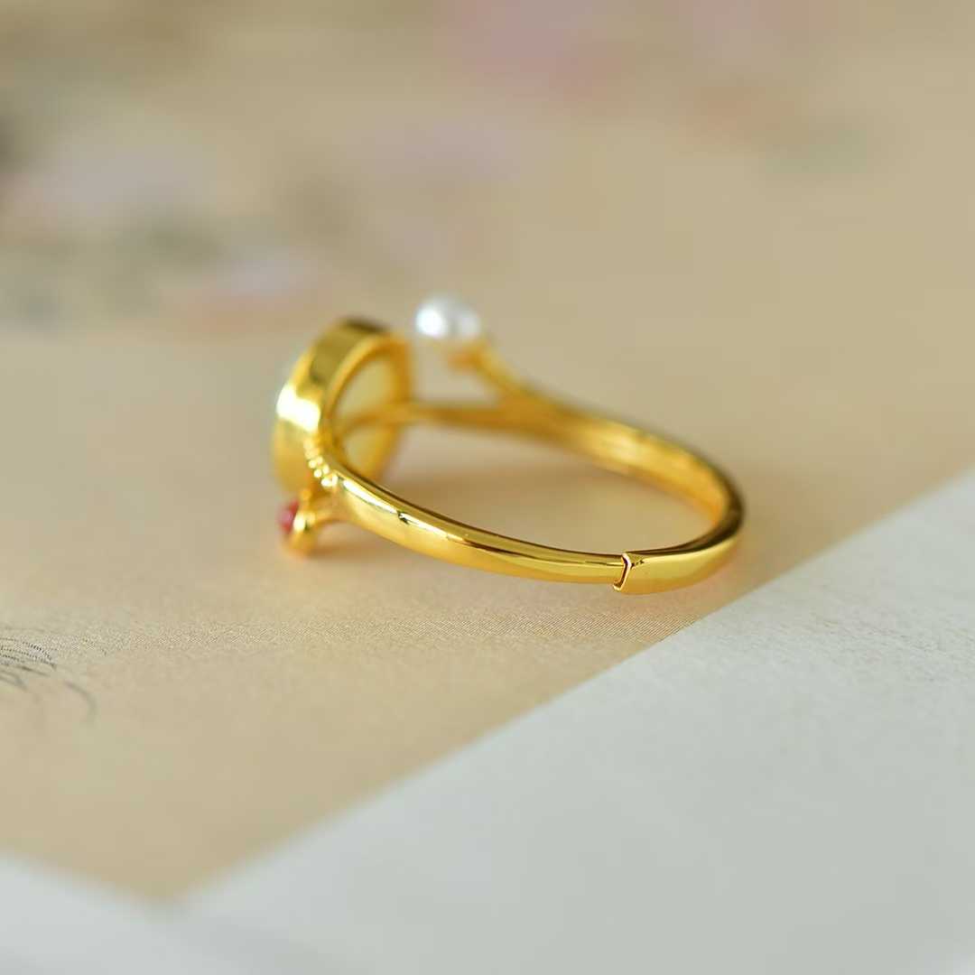 925 Silver Inlaid White Hetian Nephrite "Complete & Perfect" Round Ring