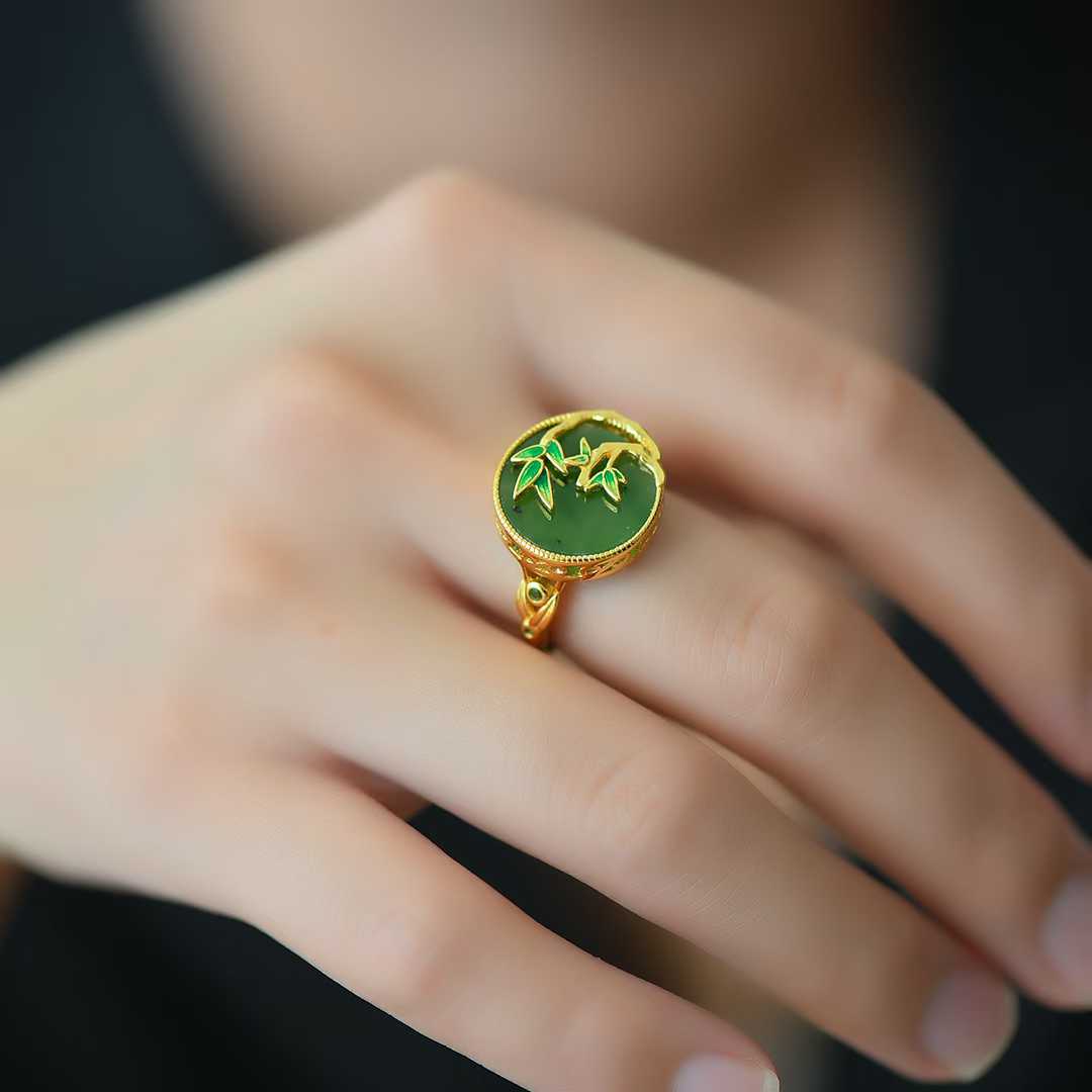 925 Silver Inlaid Green Jadeite "Steady Progress" Ring