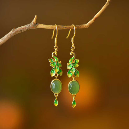 925 Silver Inlaid Hetian Jadeite (Jasper) "Peacock Feather" Earrings