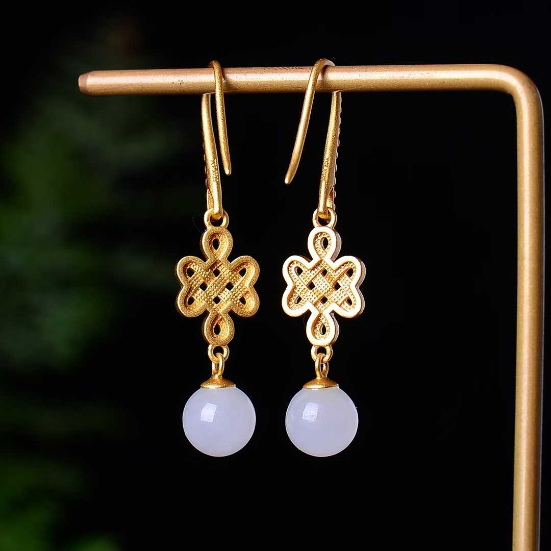 925 Silver Inlaid Nephrite Thick Matte Gold Earrings