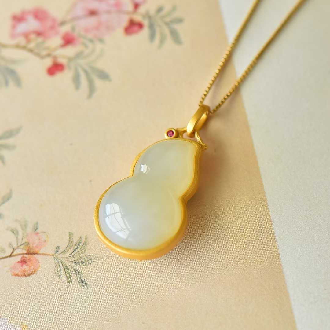 925 Silver Inlaid Nephrite "Fu Lu" (Happiness and Prosperity) Pendant