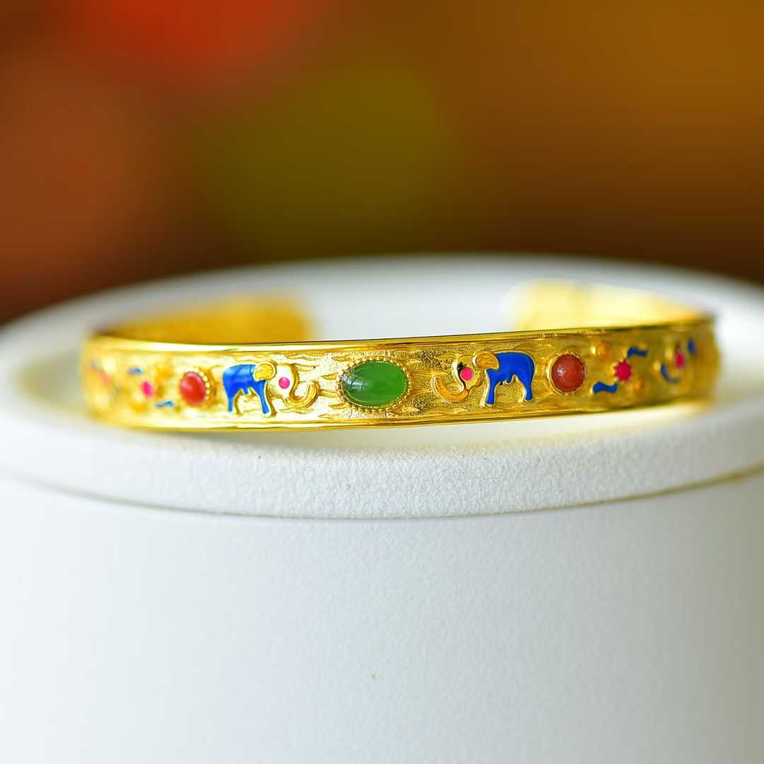 925 Silver Inlaid Hetian Jadeite (Jasper) "Auspicious Elephant & Ruyi" Bracelet