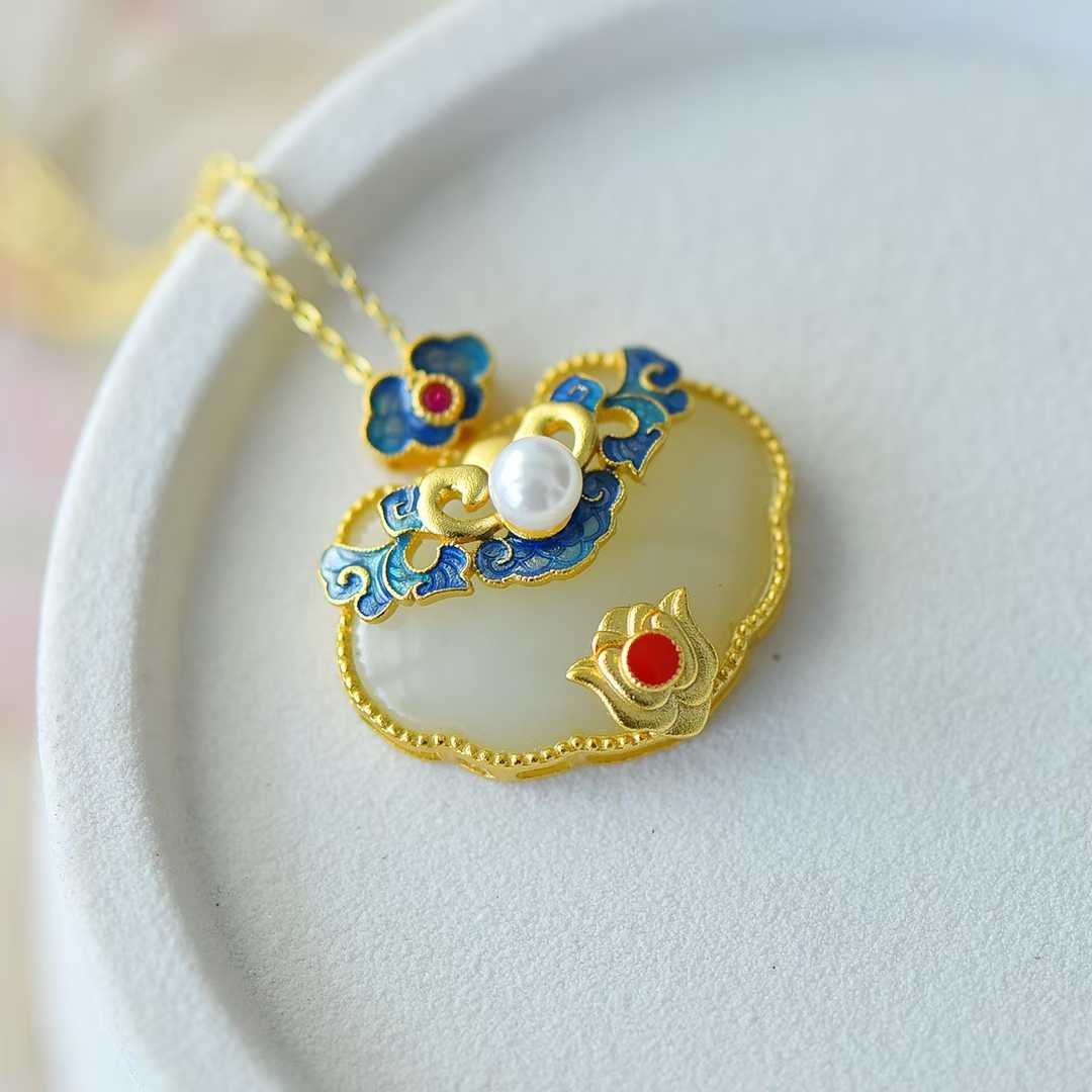 925 Silver Inlaid Hetian Nephrite "Ruyi & Hundred Blessings" Pendant