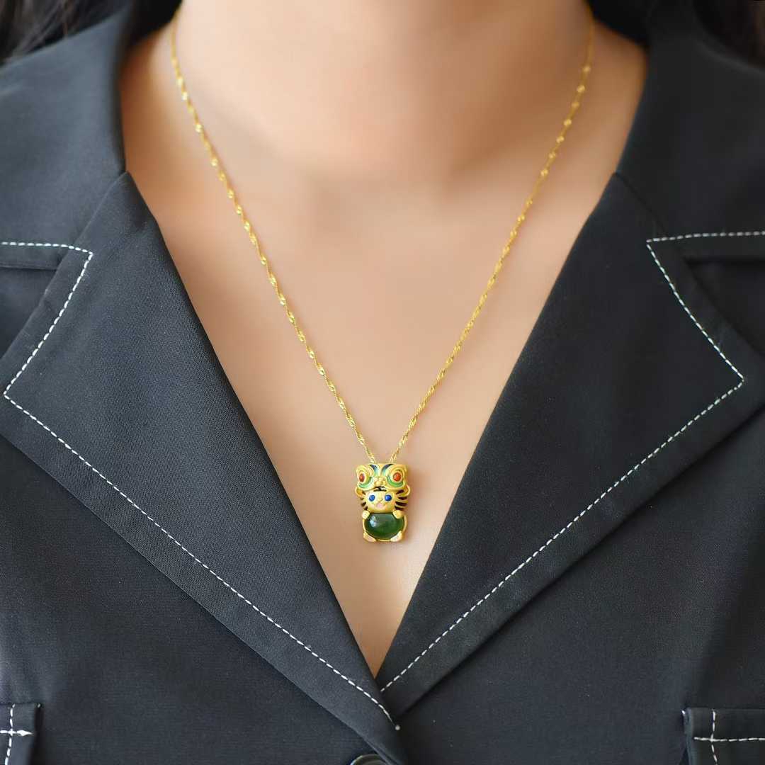 925 Silver-Inlaid Hetian Green Jade Cabochon Pendant with "Auspicious Tiger Exuding Power" Design & Enamel Accents