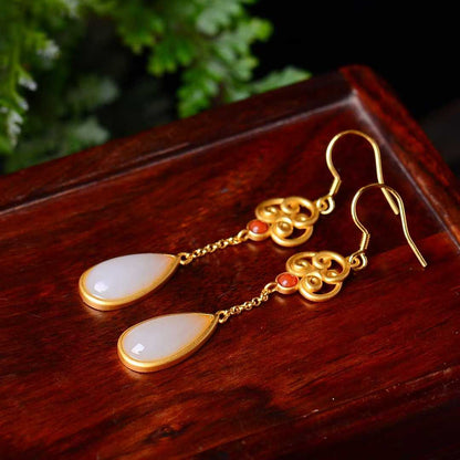 925 Silver Inlaid Hetian Jade Teardrop Earrings