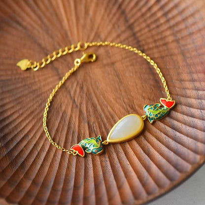 Ancient-Style Silver Inlaid Hetian Nephrite "Lotus & Fish (Year After Year Abundance)" Enamel Set