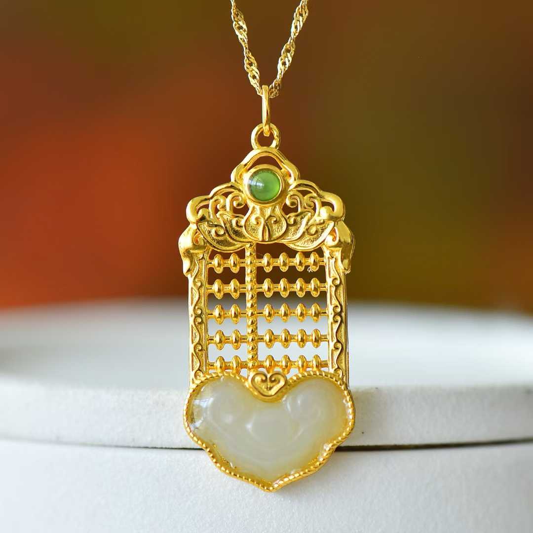 925 Silver Inlaid Hetian Nephrite "Ruyi Abacus" Pendant