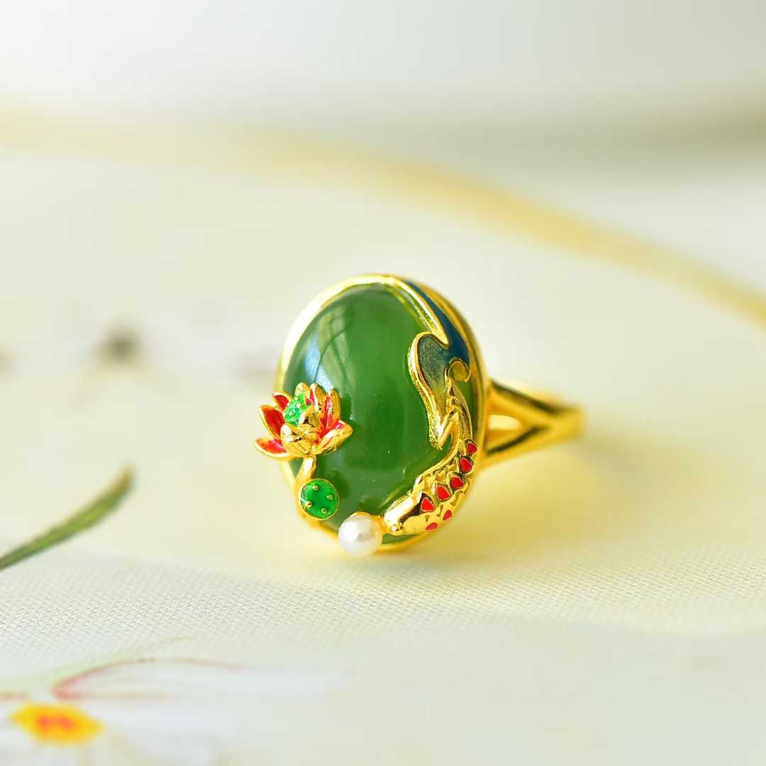 925 Silver Inlaid Hetian Spinach Green Nephrite "Abundance Every Year" Fish Ring