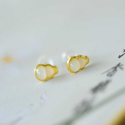 925 Silver Inlaid White Hetian Nephrite "Gourd for Double Blessings (Prosperity & Fortune)" Stud Earrings