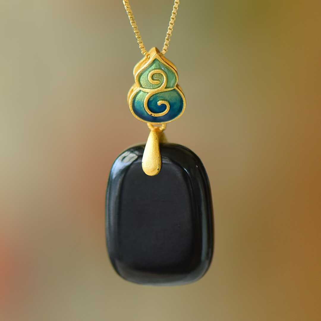 Vintage-Style Silver Inlaid Nephrite Black Jade Ping'an Plaque Pendant