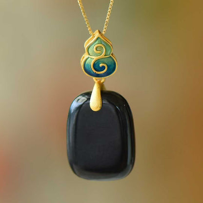 Vintage-Style Silver Inlaid Nephrite Black Jade Ping'an Plaque Pendant