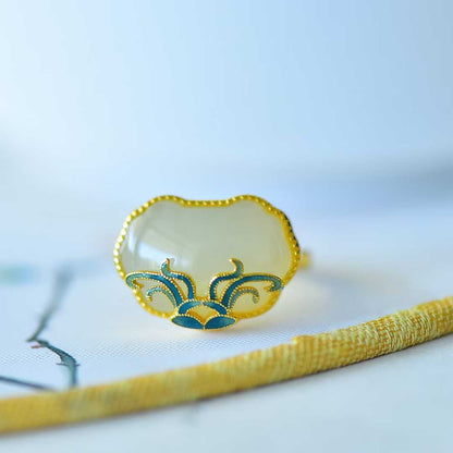 S925 Silver Inlaid Hetian Nephrite "Orchid & Grass Ruyi Lock" Jewelry Set