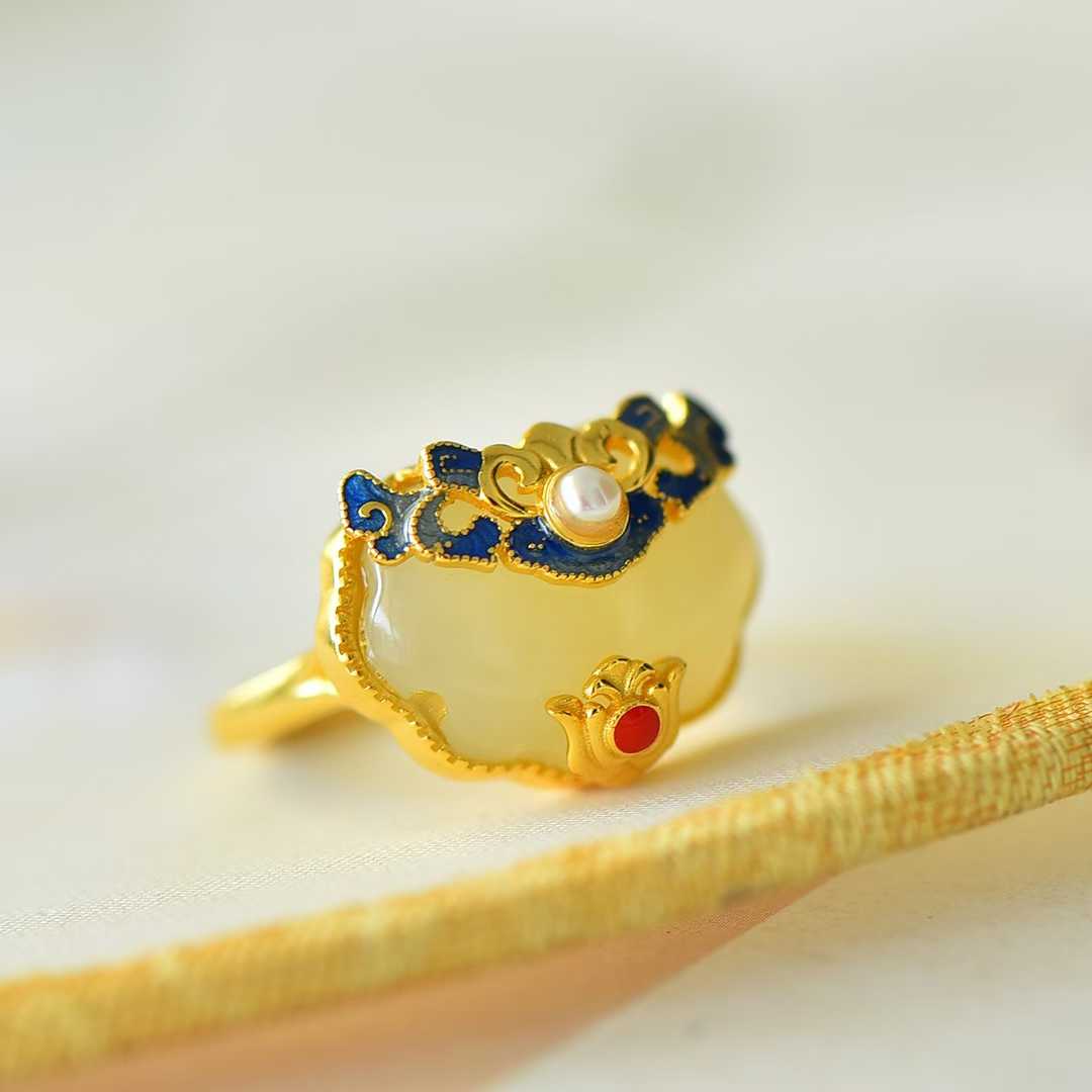 925 Silver Inlaid Blue Enamel & White Hetian Nephrite "Peace & Prosperity" Ring