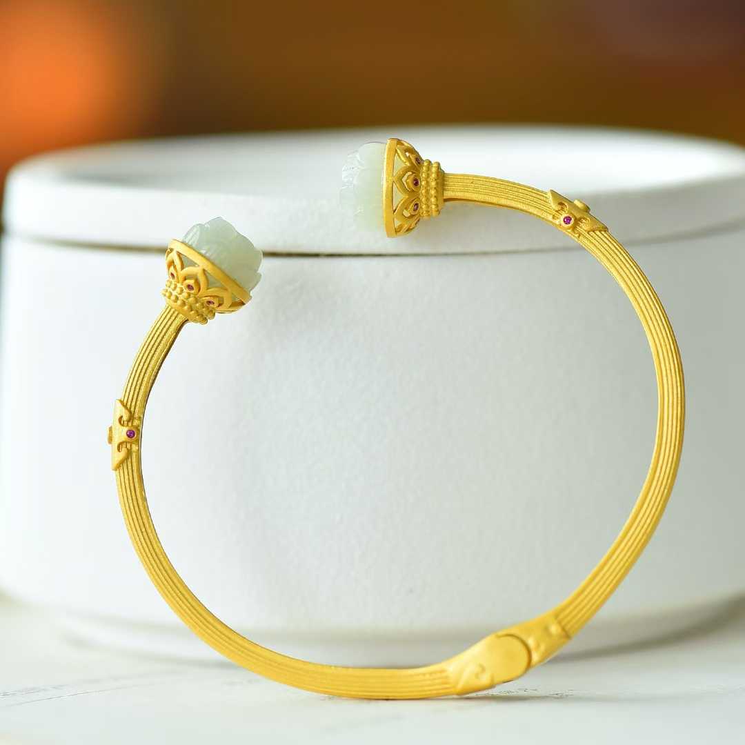 925 Silver Inlaid Hetian Nephrite "Small Lotus & Endless Luck" Bracelet