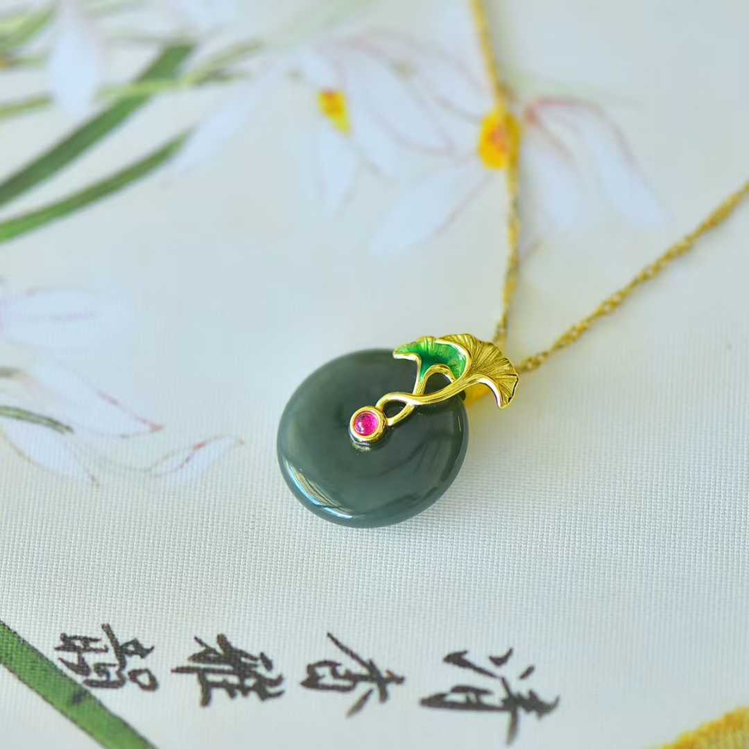 925 Silver Inlaid Hetian Nephrite "Peace Buckle & Lifetime of Good Fortune" Pendant/Jewelry Set