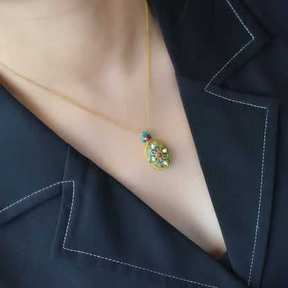 925 Silver Inlaid Nephrite "Good Fortune and Prosperity" Pendant