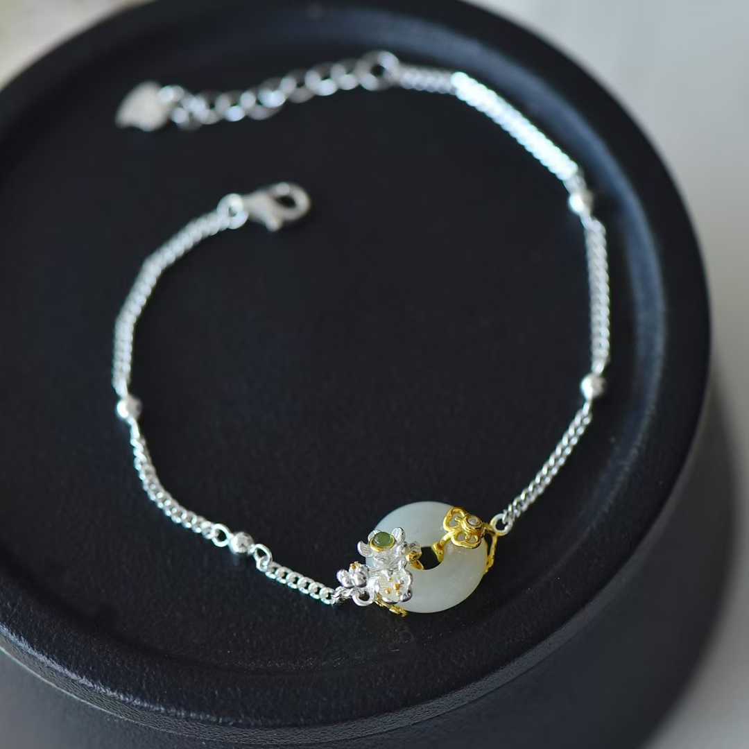 925 Silver Inlaid Hetian Nephrite "January Plum Blossom (Twelve Flower Gods)" Jewelry Set