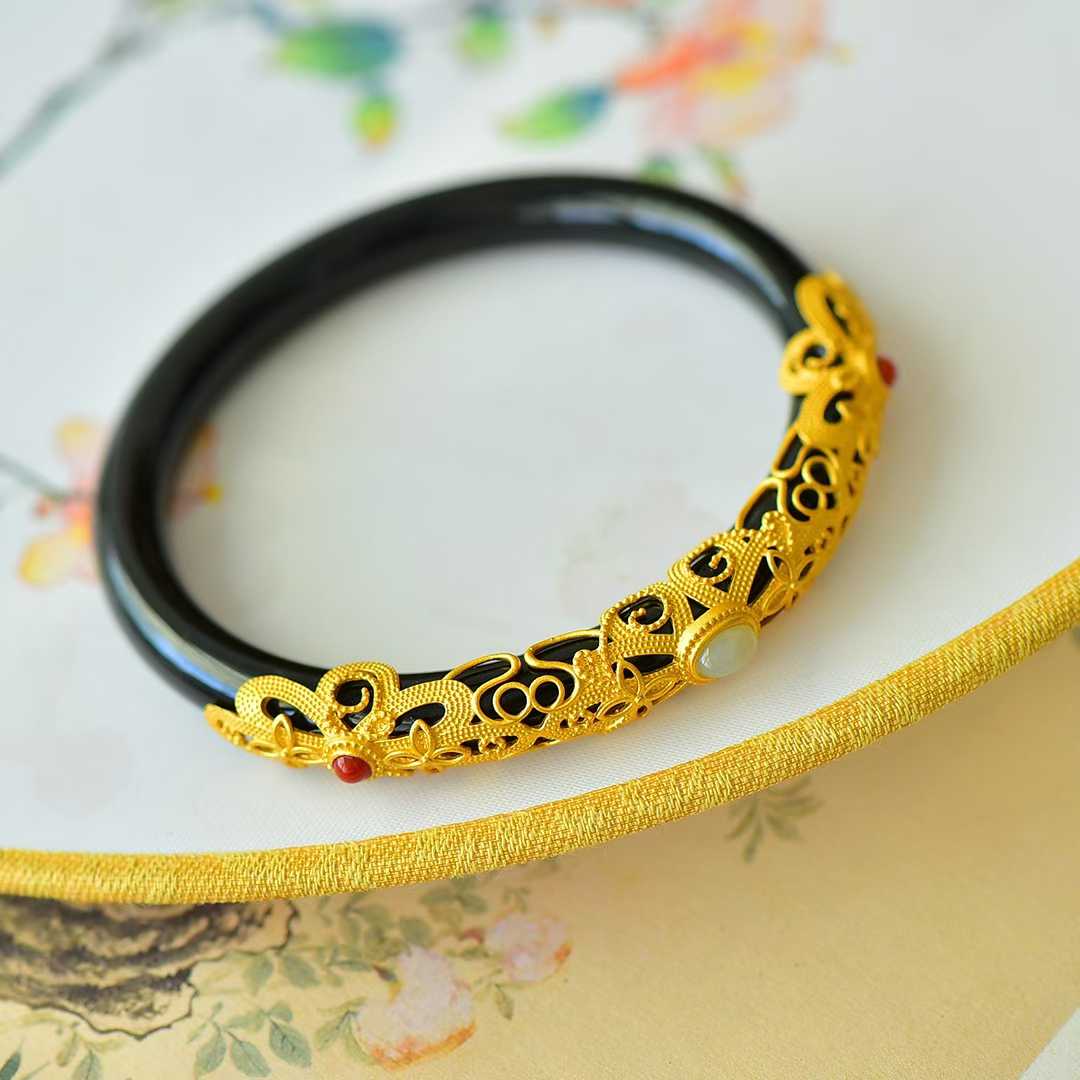 925 Silver Inlaid Hetian Nephrite "Hollowed-Out Cabochon" Bracelet