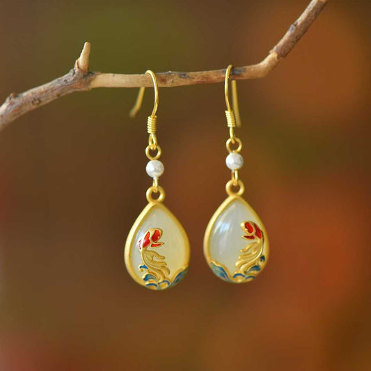 925 Silver Inlaid Nephrite "Koi Fish Coming Ashore" Teardrop Earrings