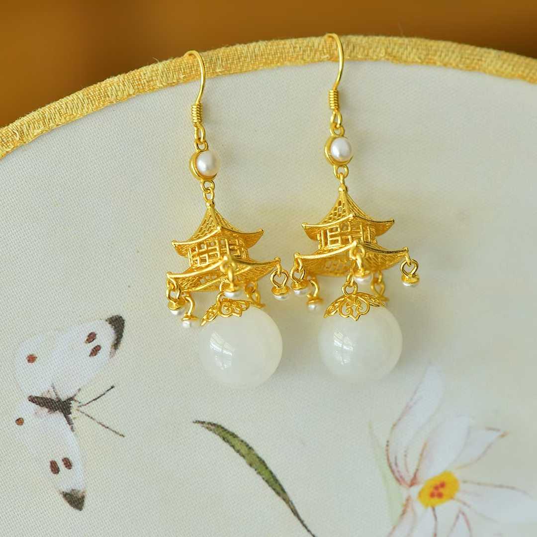 S925 Silver Inlaid Nephrite "Palace of Jade" Palace Lantern Earrings