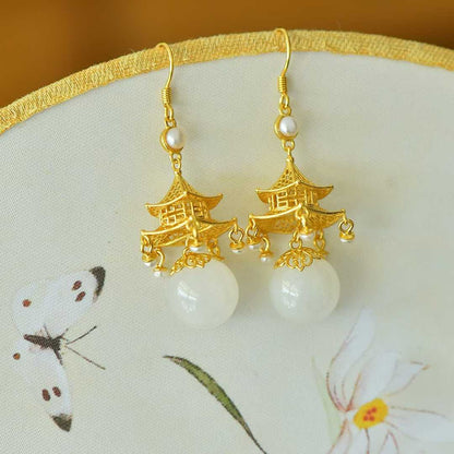 S925 Silver Inlaid Nephrite "Palace of Jade" Palace Lantern Earrings