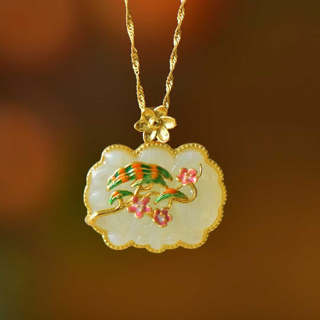 925 Silver Inlaid Hetian Nephrite "Joy on the Eyebrows" Enamel Pendant