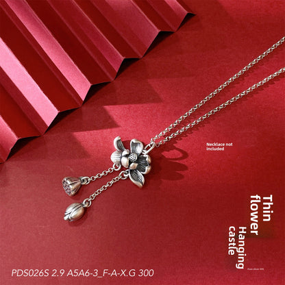 Collar con colgante de plata de ley con forma de loto de estilo chino