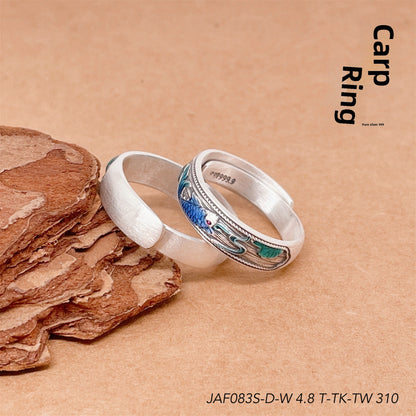 Anillo de plata de ley con hoja de bambú esmaltada y flor de melocotón